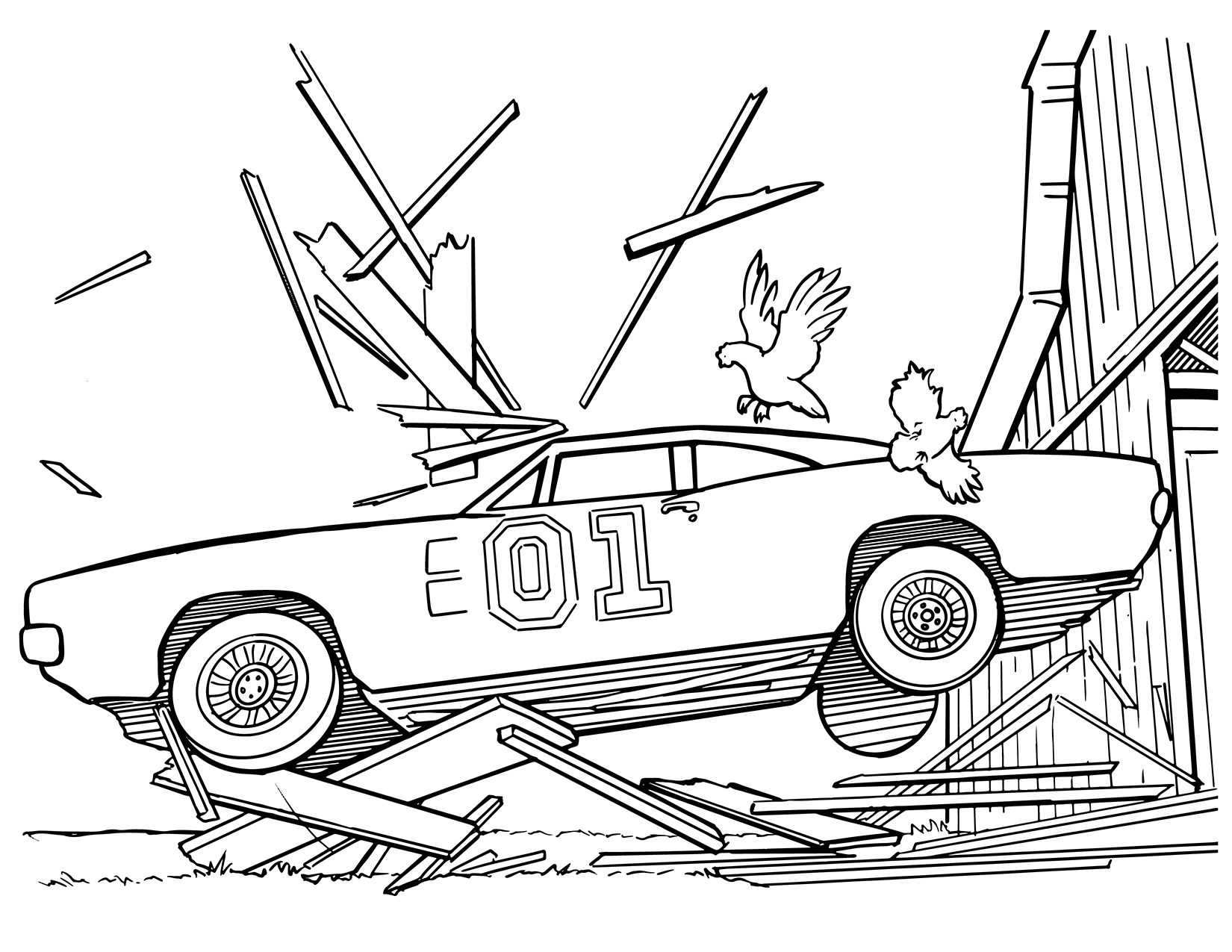 coloring page general lee bursting through barn with chickens flying away