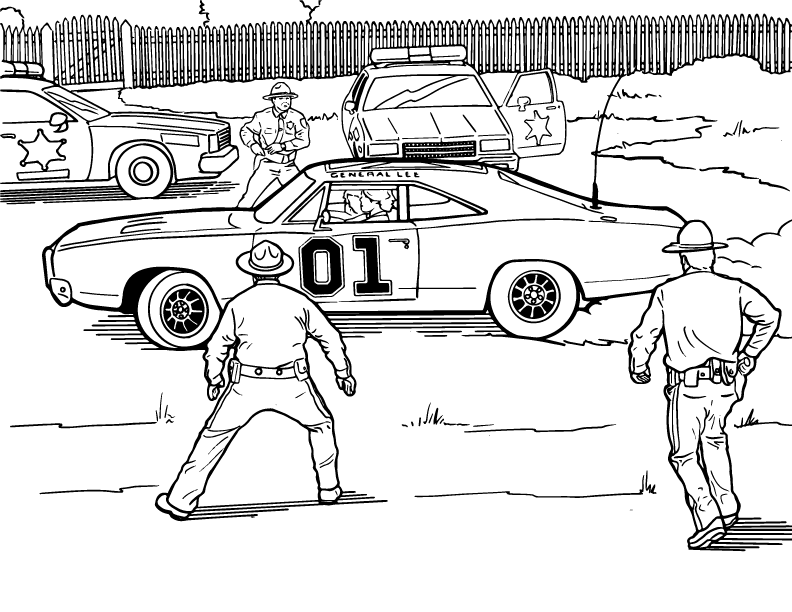 coloring page general lee surrounded by deputies