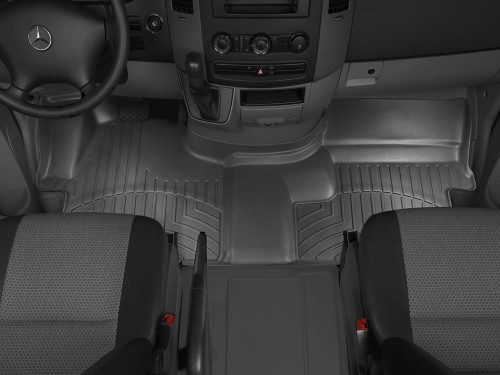 WeatherTech black front FloorLiner installed in a 2007-2018 Sprinter cab