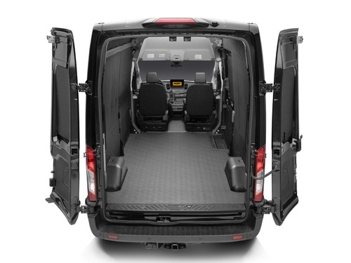 Guardian Impact cargo mat installed in a Ford Transit, rear doors open