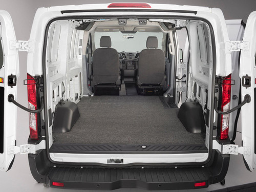 Guardian Comfort floor liner in a white Ford Transit, rear doors open