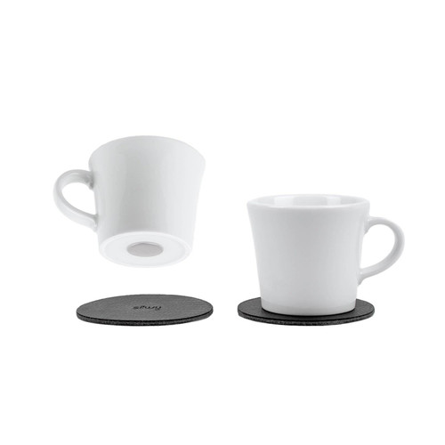 Two Silwy magnetic porcelain espresso cups with black pads