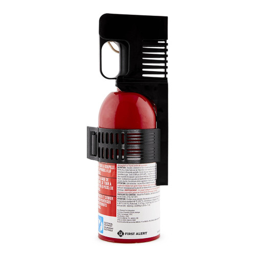 First Alert AUTO5 car fire extinguisher in its vehicle mounting bracket