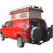 Aluminess side ladder on a red Chevy Express with a pop-top