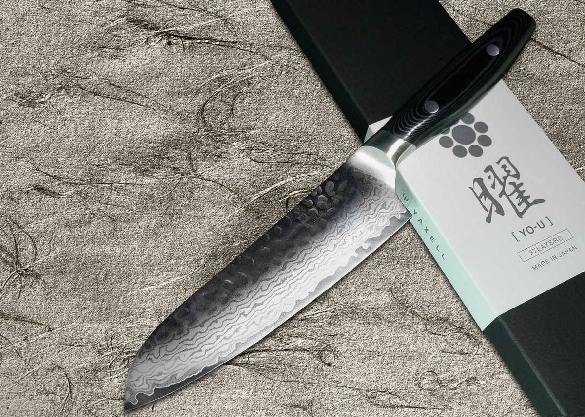 Yaxell YO-U 37-Layer VG-10 Damascus Hammered Japanese Chefs Santoku Knife 165mm