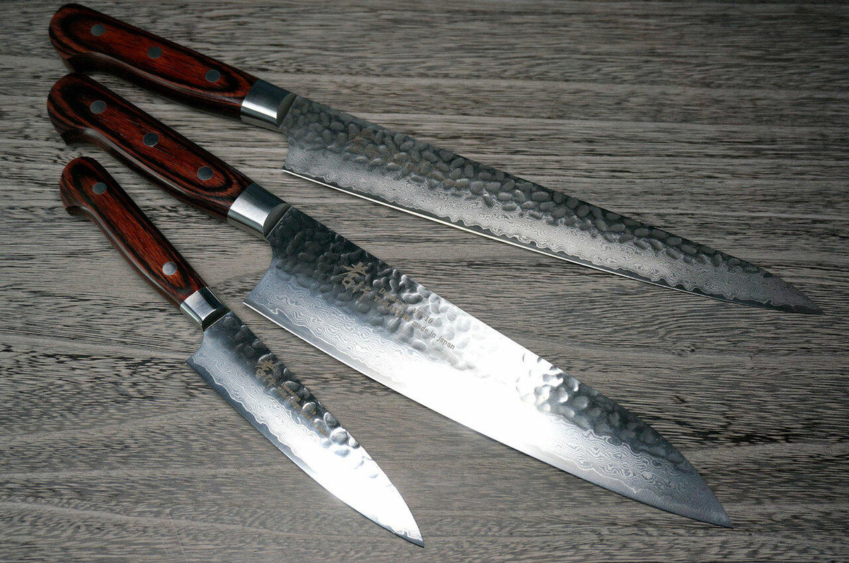 Sakai Takayuki 33-Layer VG10 Damascus Hammered Japanese Chefs Knife SET Gyuto 210mm - Slicer 240mm - Petty 120mm