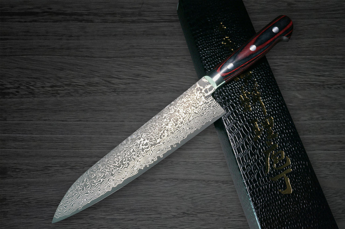 Yoshimi Kato 63 Layer VG10 Black Damascus PW Japanese Chefs Gyuto Knife 180mm with Laminated Wood Handle