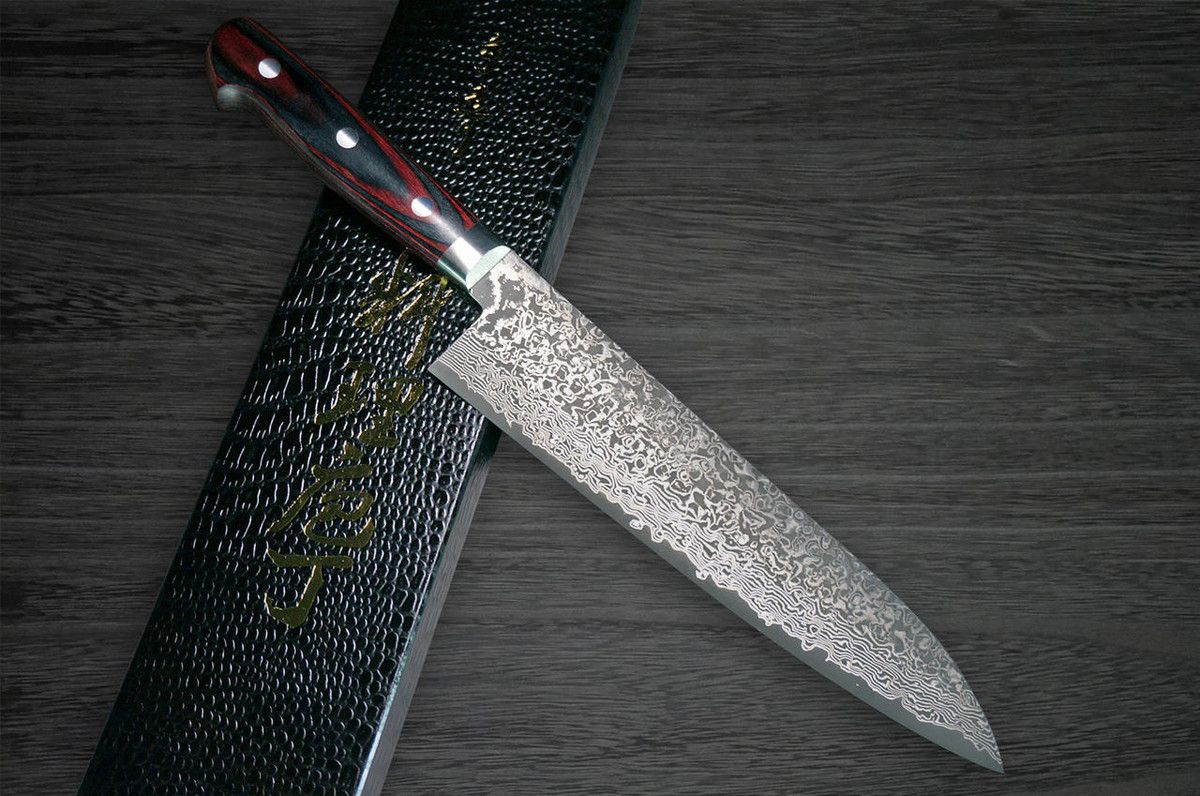 Yoshimi Kato 63 Layer VG10 Black Damascus PW Japanese Chefs Gyuto Knife 180mm with Laminated Wood Handle