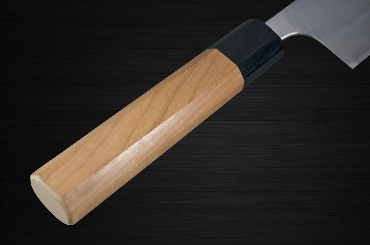 Yoshimi Kato Aogami Super Clad Nashiji AC Japanese Chefs Bunka Knife 170mm with Black Cherry Octagonal Handle