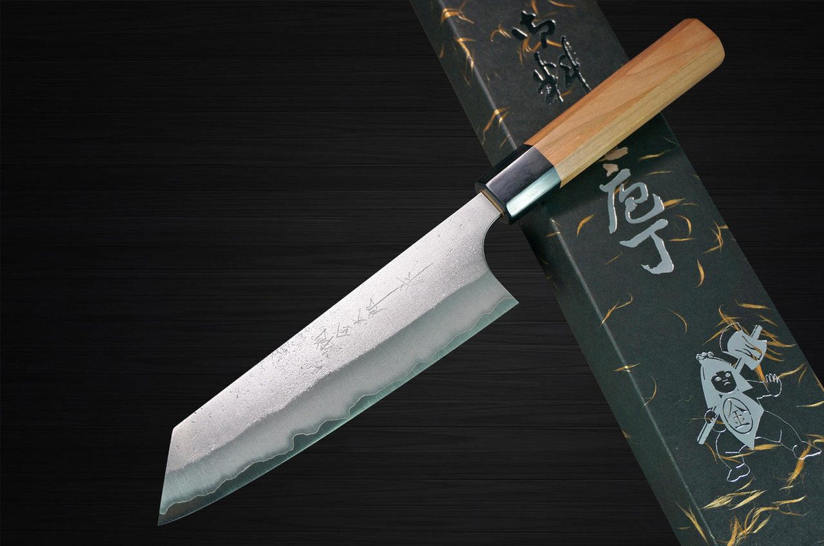 Yoshimi Kato Aogami Super Clad Nashiji AC Japanese Chefs Bunka Knife 170mm with Black Cherry Octagonal Handle