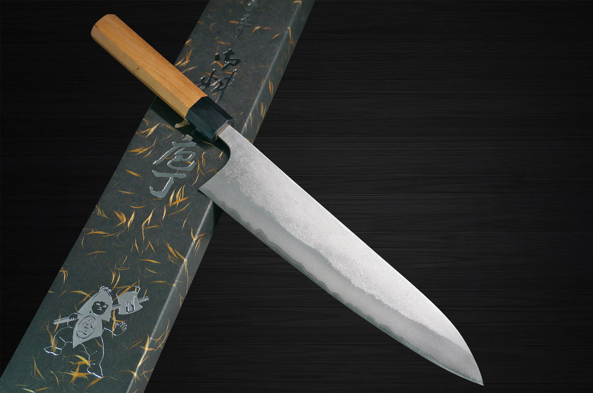 Yoshimi Kato Aogami Super Clad Nashiji AC Japanese Chefs Gyuto Knife 180mm with Black Cherry Octagonal Handle