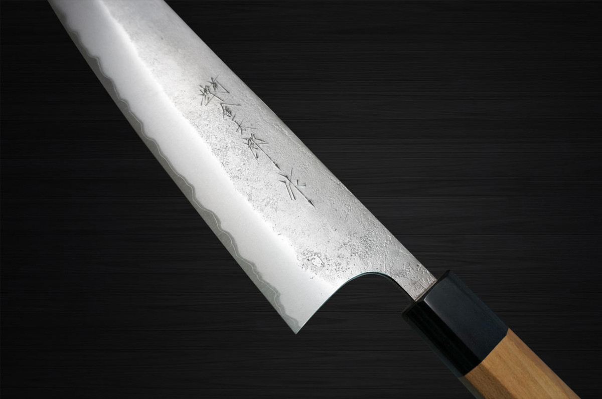 Yoshimi Kato Aogami Super Clad Nashiji AC Japanese Chefs Gyuto Knife 210mm with Black Cherry Octagonal Handle
