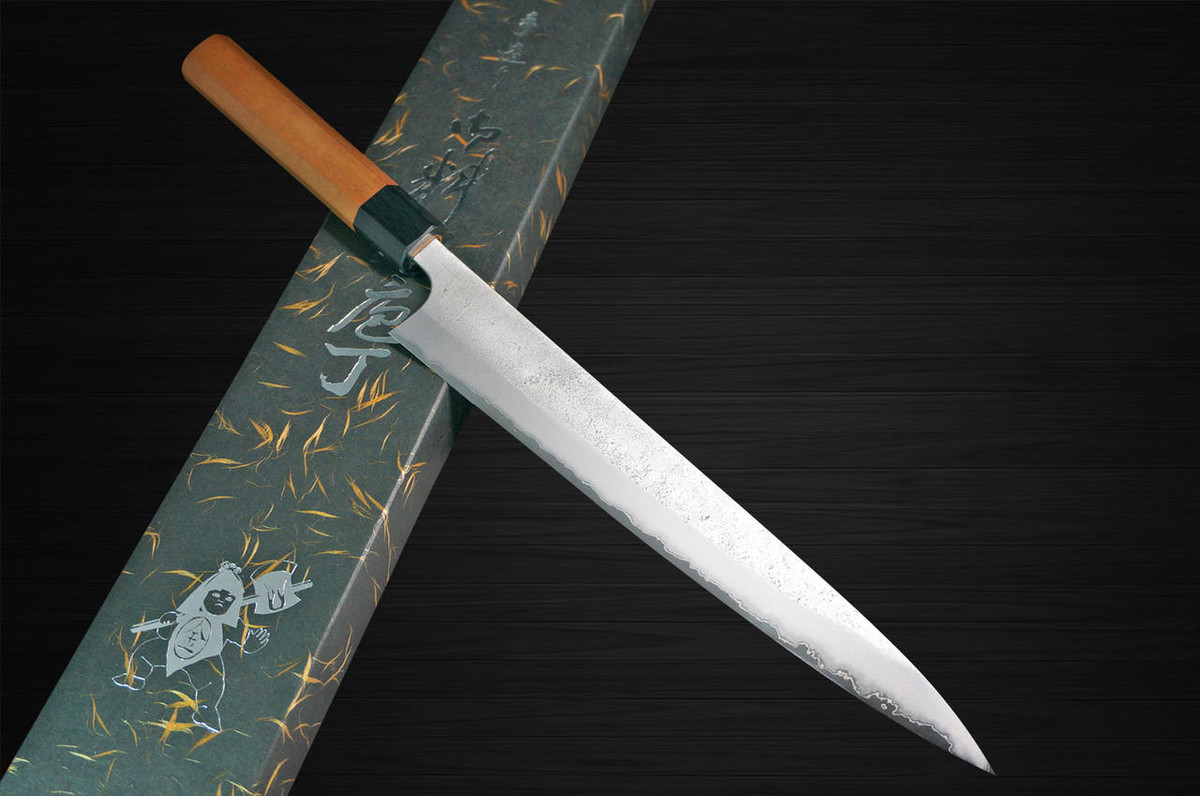 Yoshimi Kato Aogami Super Clad Nashiji AC Japanese Chefs SlicerSujihiki 270mm with Black Cherry Octagonal Handle