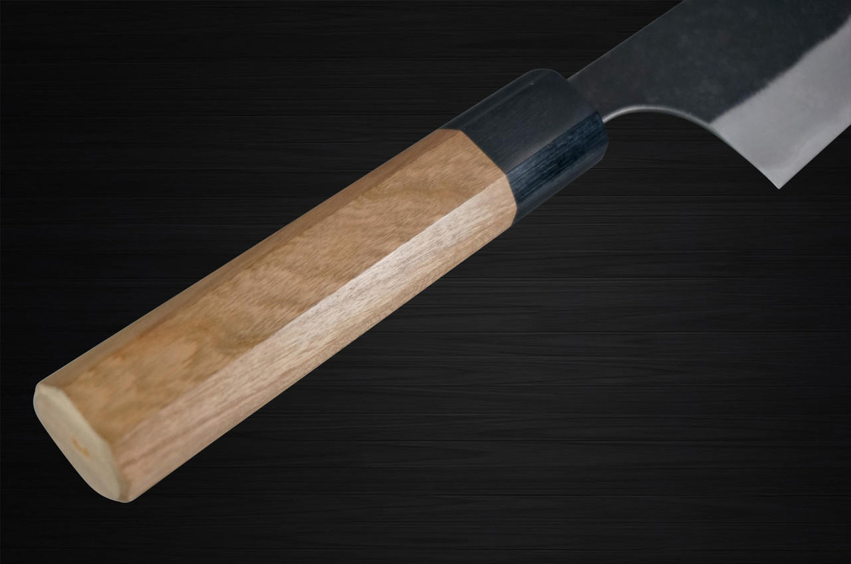 Yoshimi Kato Aogami Super Clad Kurouchi AC Japanese Chef's Bunka Knife 170mm with Black Cherry Octagonal Handle 