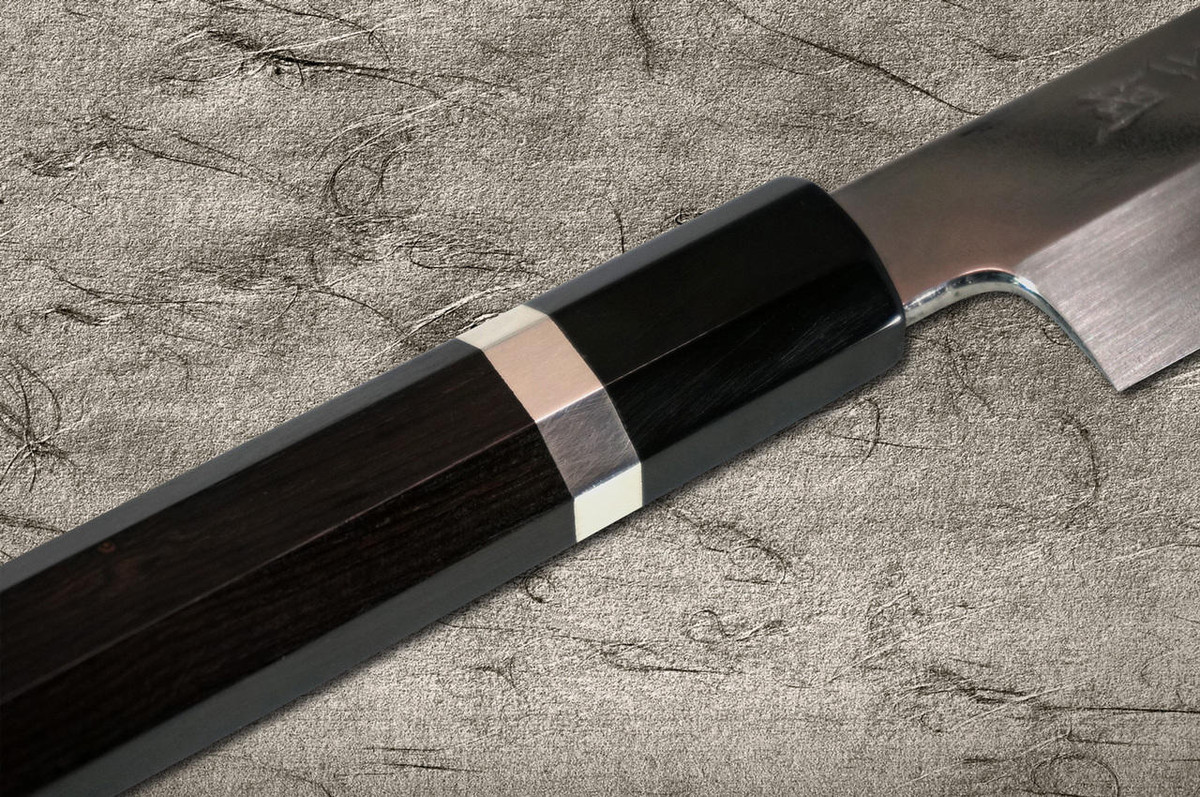 Sakai Takayuki Ginmaki Mirrored Honyaki Blue Steel Japanese Chefs YanagibaSashimi 300mm with Pure-Silver Ringed Ebony Handle in Paulownia Box