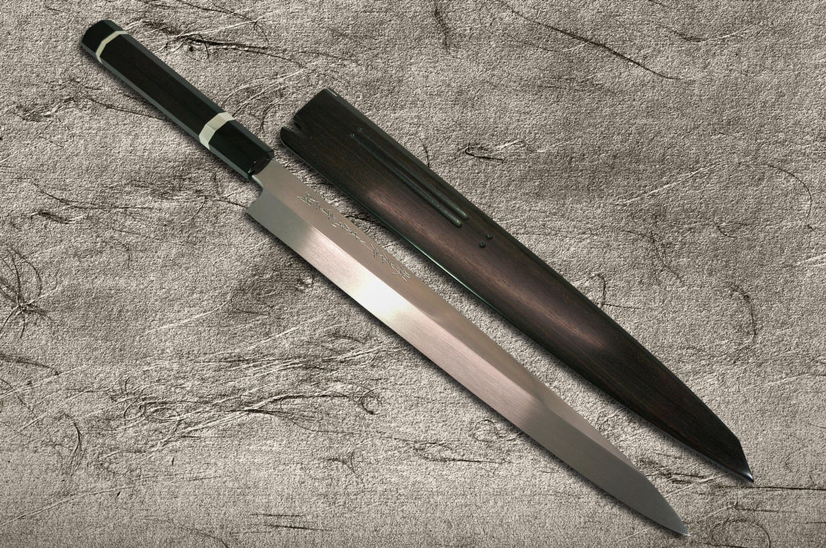 Sakai Takayuki Ginmaki Mirrored Honyaki Blue Steel Japanese Chefs YanagibaSashimi 300mm with Pure-Silver Ringed Ebony Handle in Paulownia Box