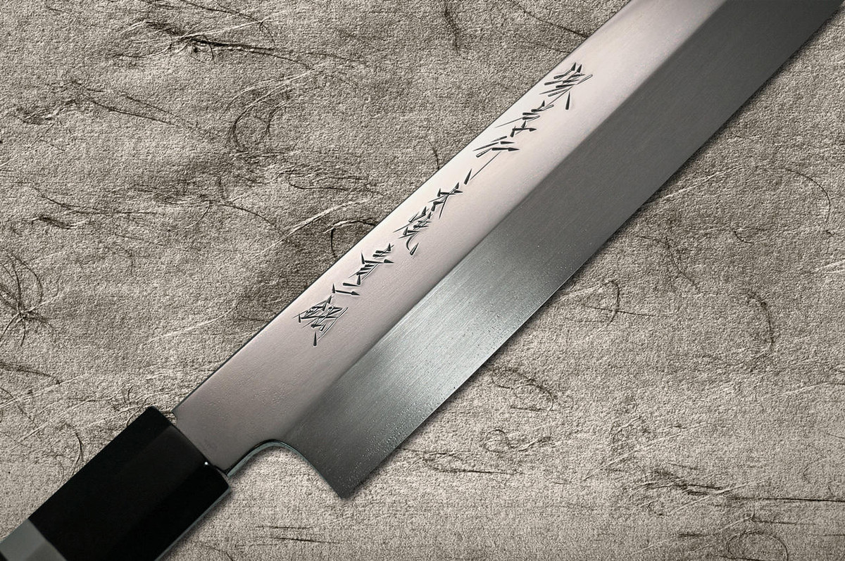 Sakai Takayuki Ginmaki Mirrored Honyaki Blue Steel Japanese Chefs YanagibaSashimi 300mm with Pure-Silver Ringed Ebony Handle in Paulownia Box