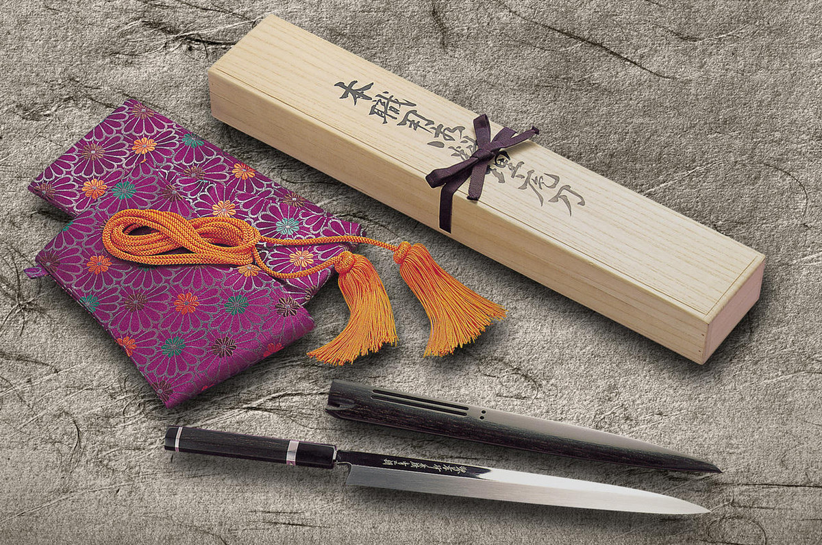 Sakai Takayuki Ginmaki Mirrored Honyaki Blue Steel Japanese Chefs YanagibaSashimi 300mm with Pure-Silver Ringed Ebony Handle in Paulownia Box