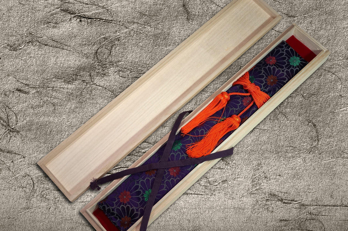 Sakai Takayuki Ginmaki Mirrored Honyaki Blue Steel Japanese Chefs YanagibaSashimi 300mm with Pure-Silver Ringed Ebony Handle in Paulownia Box