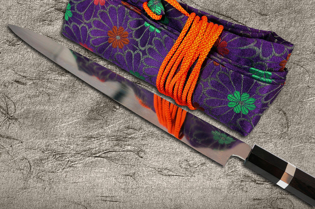 Sakai Takayuki Ginmaki Mirrored Honyaki Blue Steel Japanese Chefs YanagibaSashimi 300mm with Pure-Silver Ringed Ebony Handle in Paulownia Box