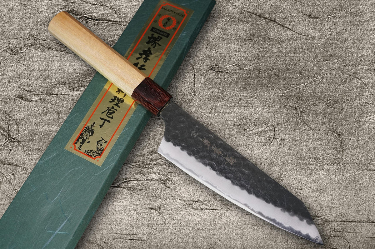 Sakai Takayuki Aogami Super Kurouchi Hammered WA Japanese Chefs Kengata-Santoku Knife 160mm