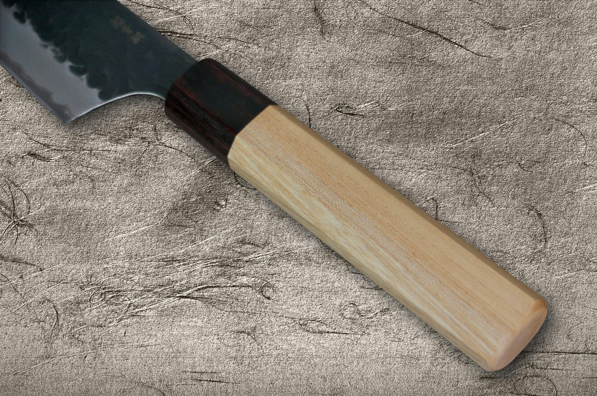 Sakai Takayuki Aogami Super Kurouchi Hammered WA Japanese Chefs Kengata-Santoku Knife 160mm