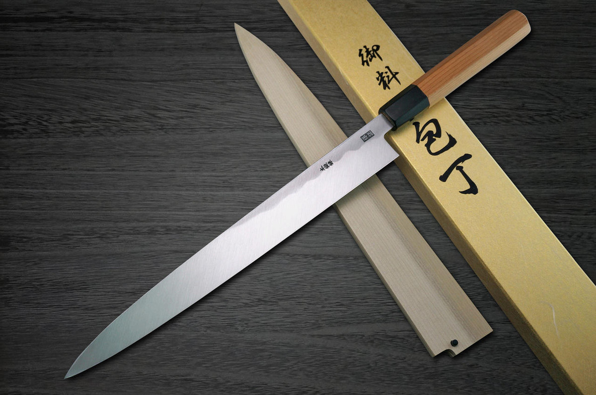 Yoshihiro Aogami No.1 Wave Aonamiuchi B1HC-Y Japanese Chefs YanagibaSashimi 300mm with Saya Sheath and Yew Handle