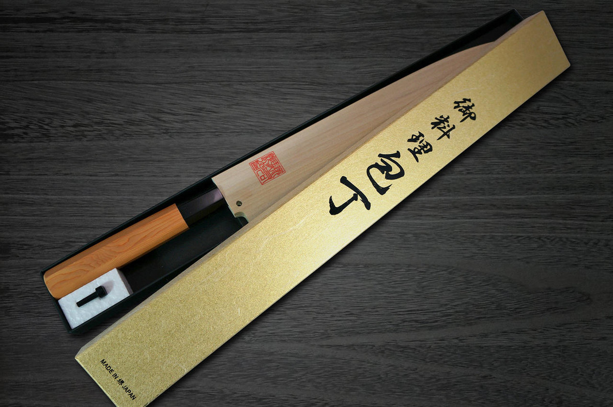 Yoshihiro Aogami No.1 Wave Aonamiuchi B1HC-Y Japanese Chefs YanagibaSashimi 300mm with Saya Sheath and Yew Handle