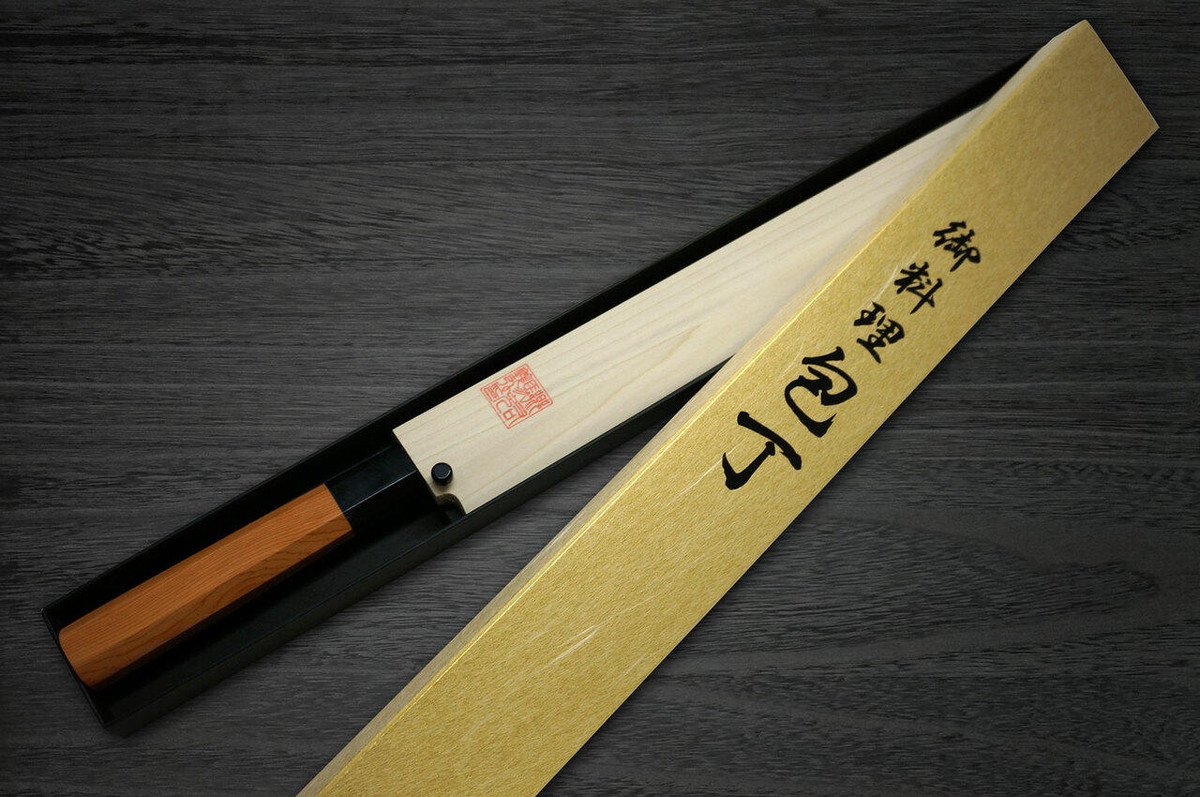 Yoshihiro Aogami No.1 Wave Aonamiuchi B1HC-Y Japanese Chefs Sakimaru-TakohikiSashimi 270mm with Saya Sheath and Yew Handle