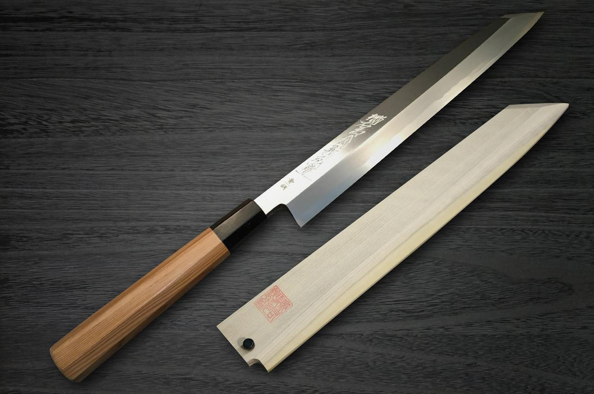 Yoshihiro Aogami No.1 Wave Aonamiuchi B1HC-Y Japanese Chef's Kiritsuke-Yanagiba(Sashimi) 360mm with Saya Sheath and Yew Handle 