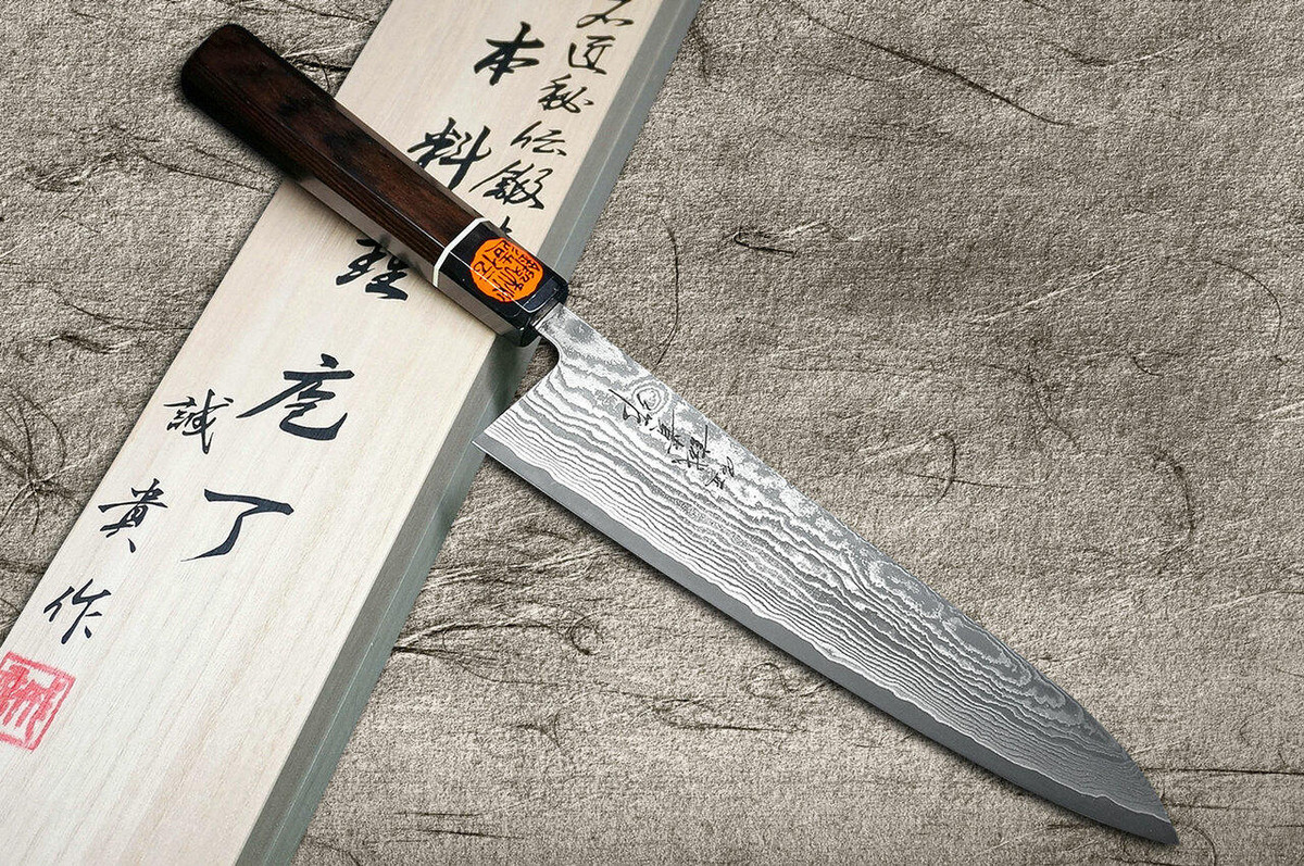 Shigeki Tanaka 33-Layer R2SG2 Damascus Habakiri Japanese Chefs Gyuto Knife 180mm with Ebony Handle