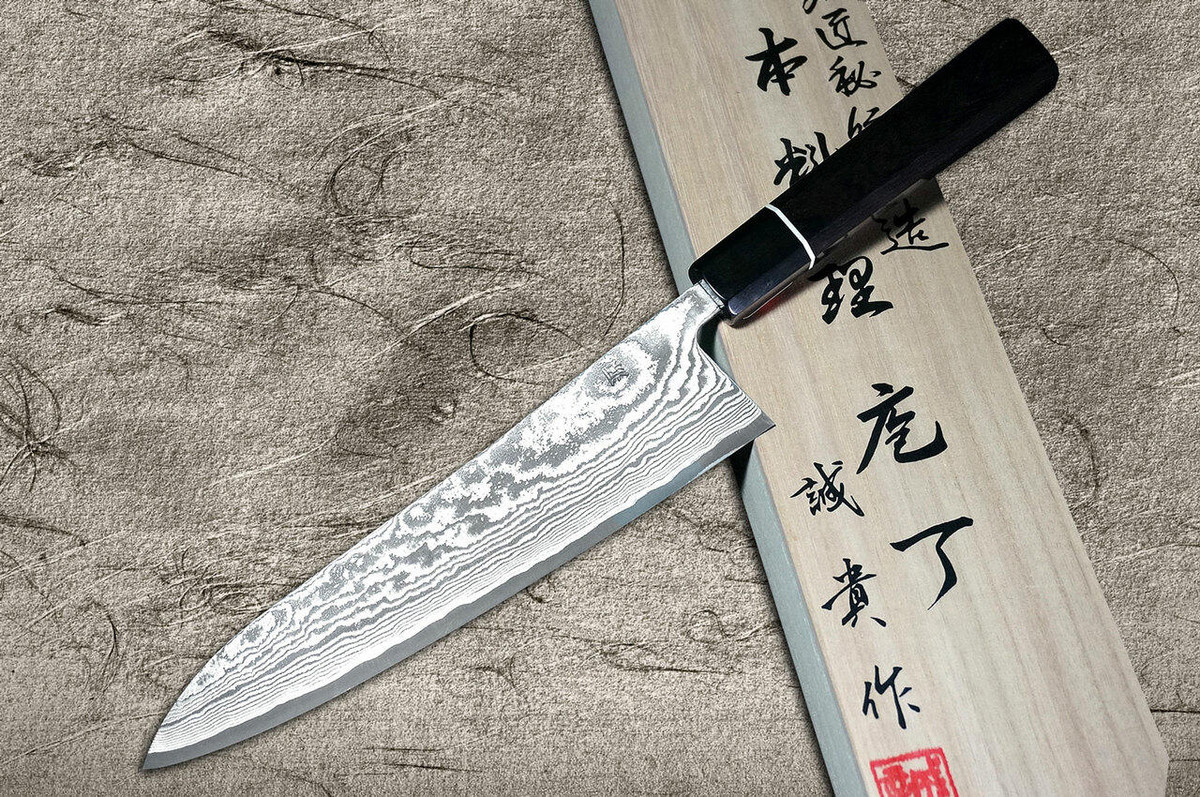 Shigeki Tanaka 33-Layer R2SG2 Damascus Habakiri Japanese Chefs Gyuto Knife 180mm with Ebony Handle