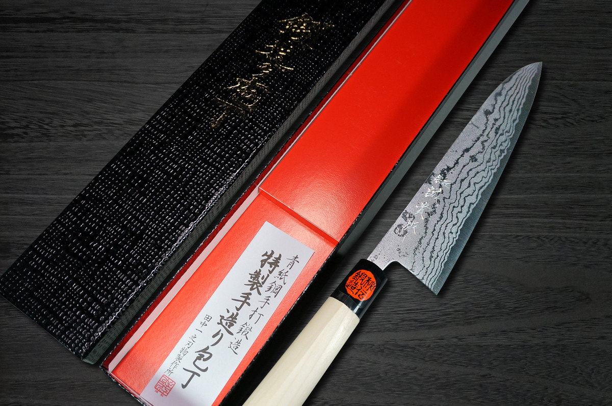 田中重喜青纸2号大马士革MB日本厨师剑型牛刀180毫米配木兰木手柄