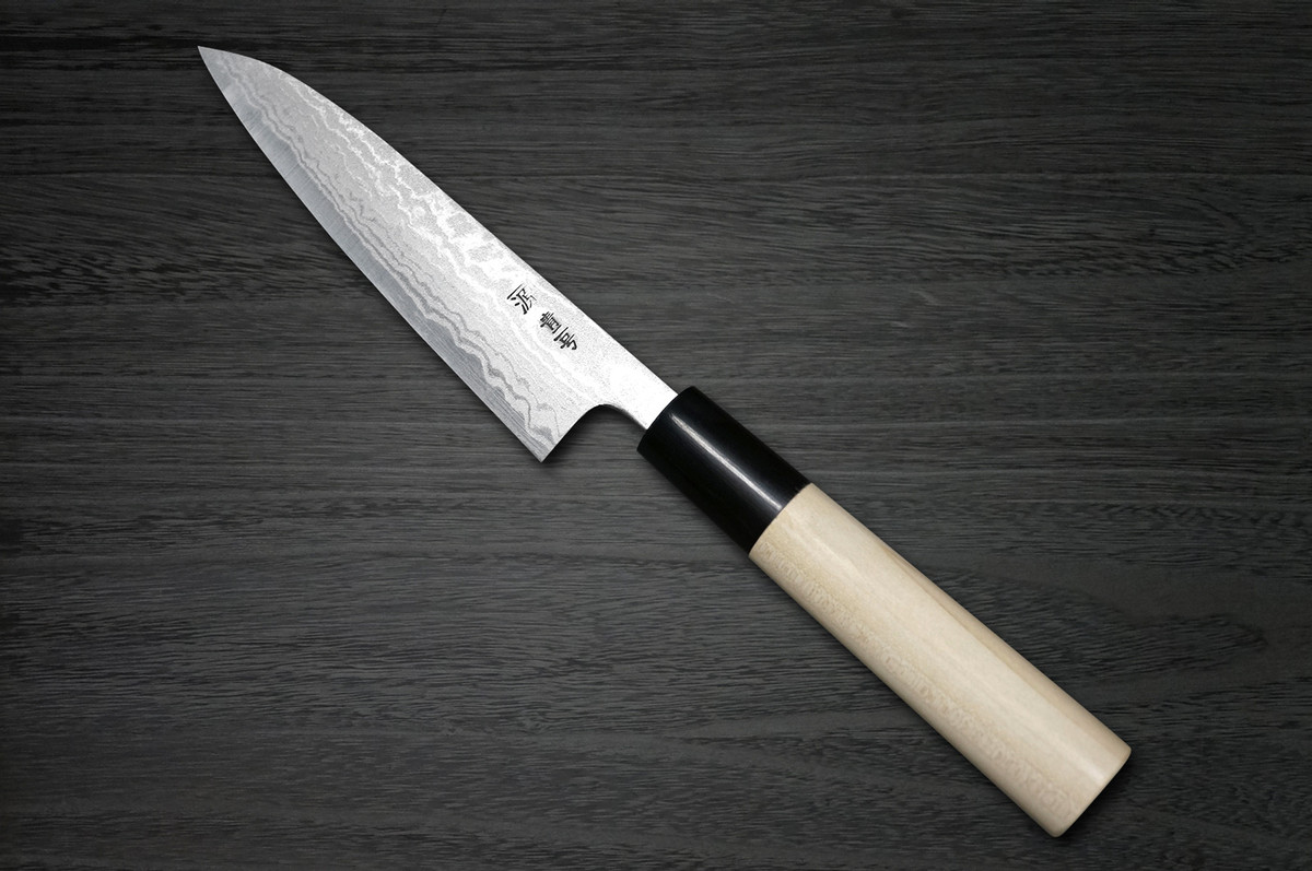 Couteau Petty (utilitaire) japonais de chef Shigeki Tanaka Aogami No.2 Damas MB 150 mm avec manche en bois de magnolia