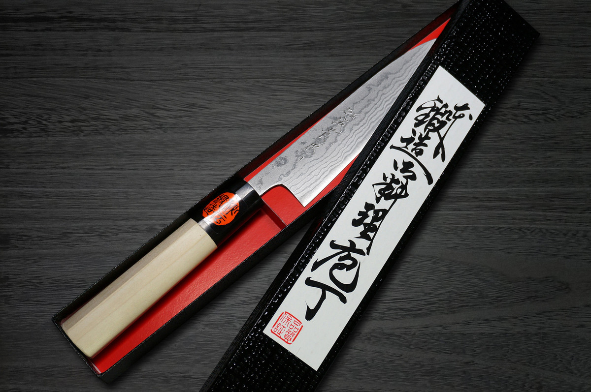 Couteau Petty (utilitaire) japonais de chef Shigeki Tanaka Aogami No.2 Damas MB 150 mm avec manche en bois de magnolia