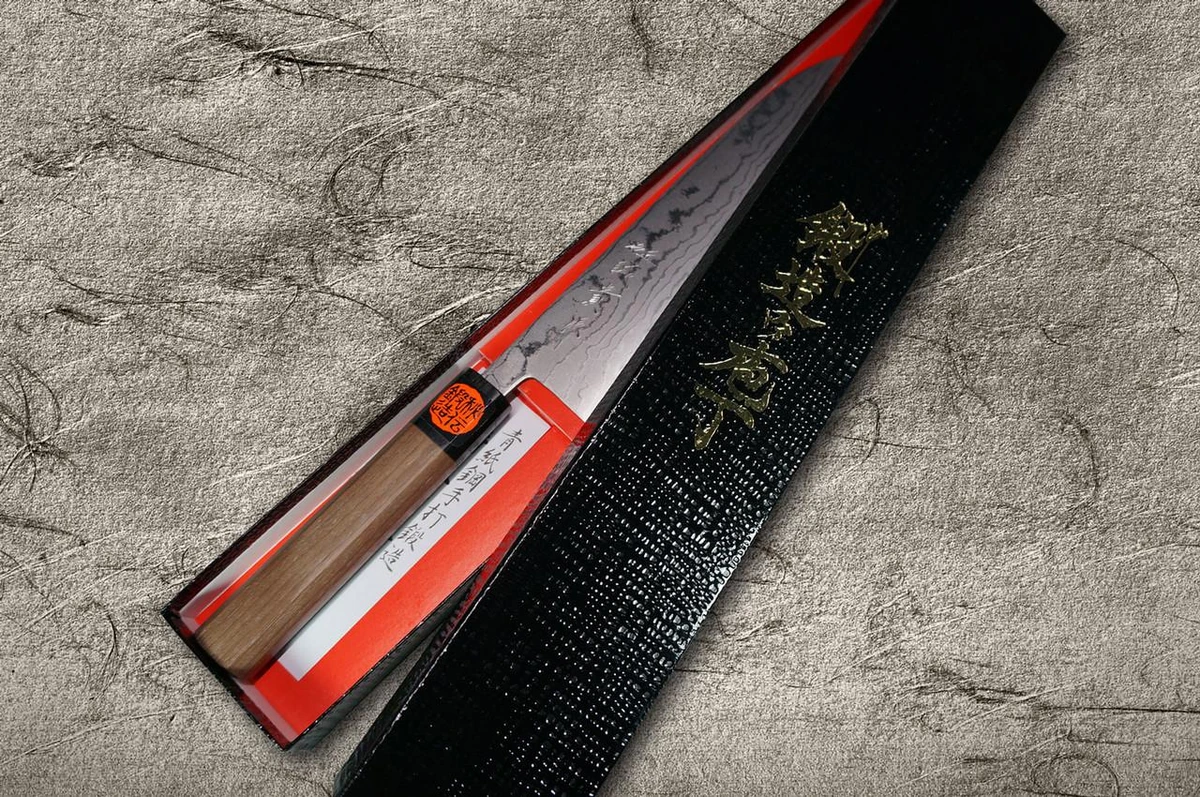 田中重树青纸二号大马士革 WN 日本厨师三德刀 165mm 胡桃木柄