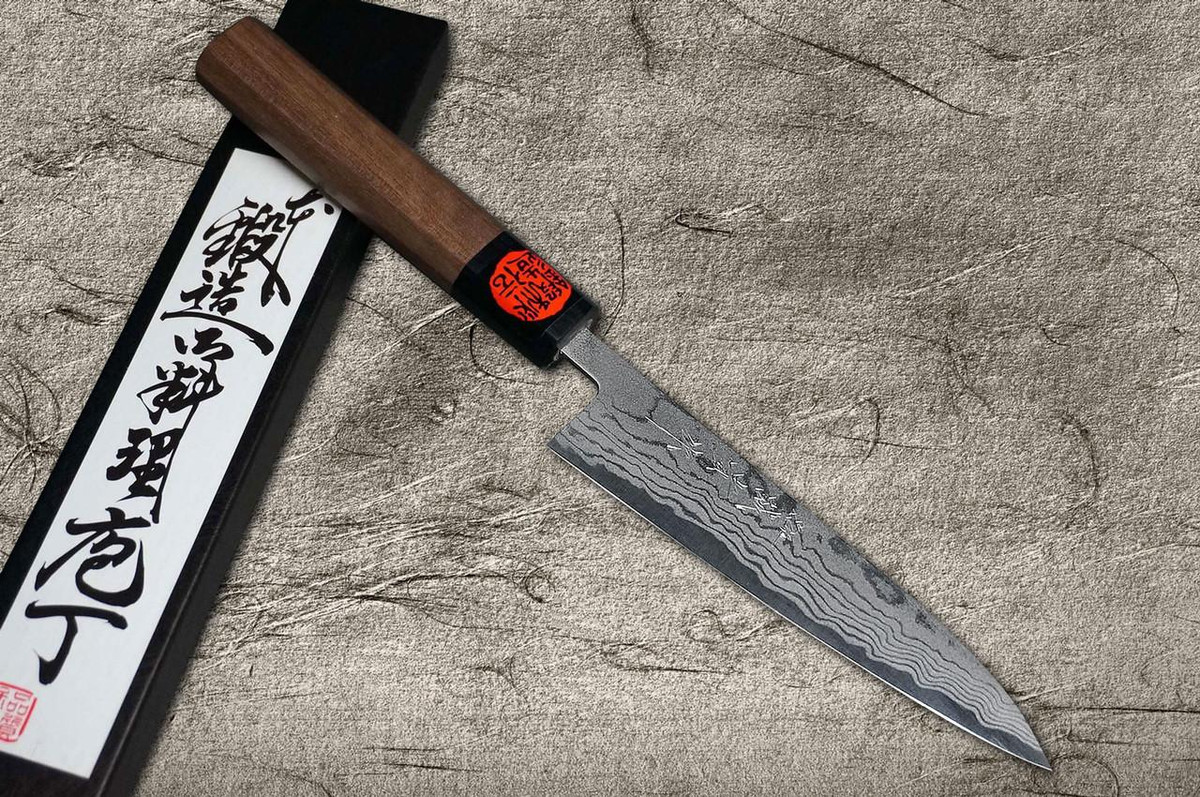 Coltello Petty (Utility) da Chef Giapponese WN in Damasco Aogami No.2 di Shigeki Tanaka 135mm con Manico in Noce
