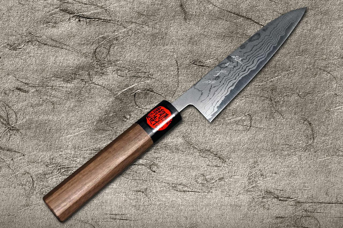 Coltello Petty (Utility) da Chef Giapponese WN in Damasco Aogami No.2 di Shigeki Tanaka 135mm con Manico in Noce