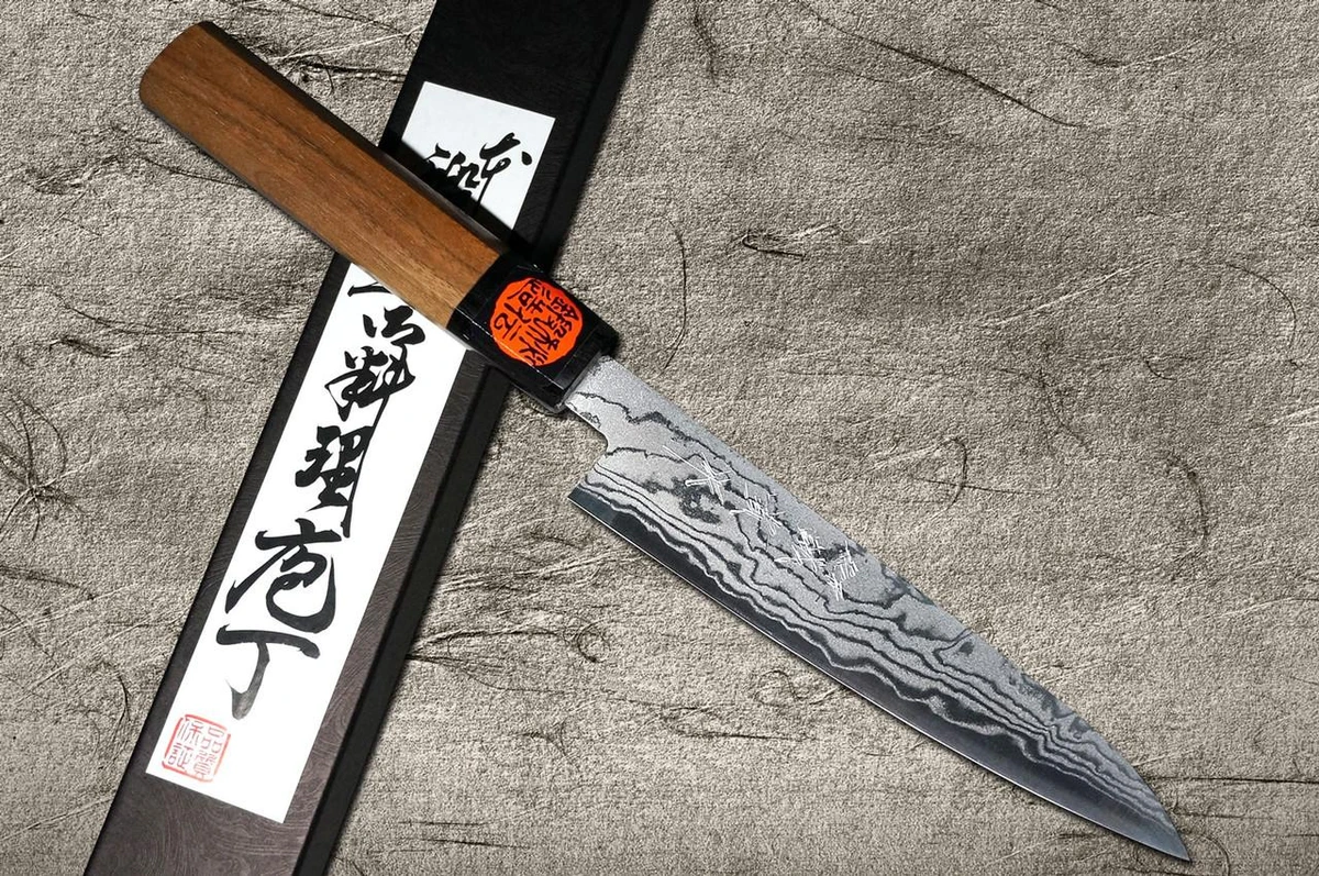 Shigeki Tanaka Aogami No.2 Damascus WN Japanese Chef's Petty Knife(Utility) 150mm with Walnut Handle 