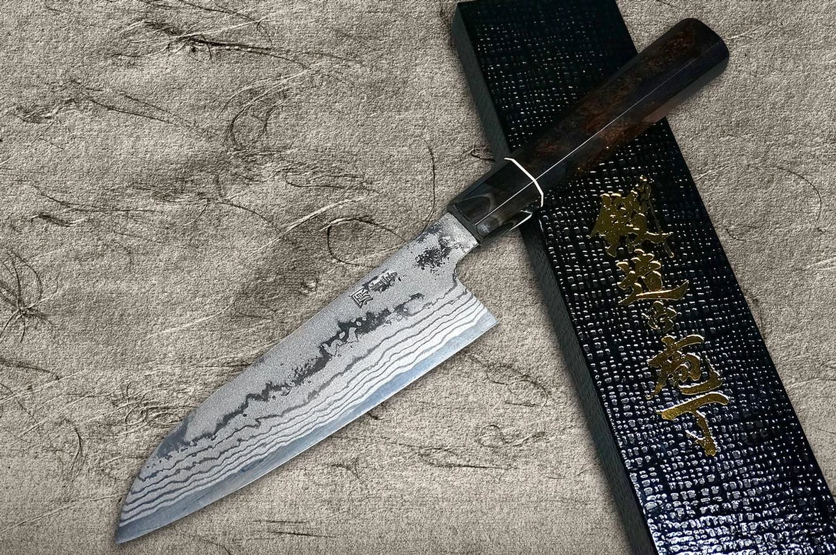 田中重幸 青纸2号大马士革EB日本厨师三德刀165mm 乌木柄
