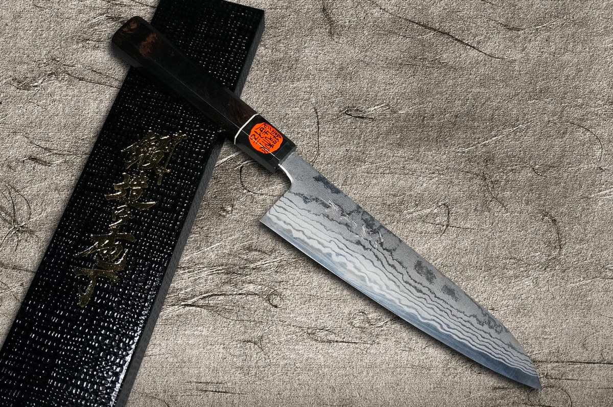 Shigeki Tanaka Aogami No.2 Damascus EB Japanese Chefs Kengata-Gyuto Knife 180mm with Ebony Handle