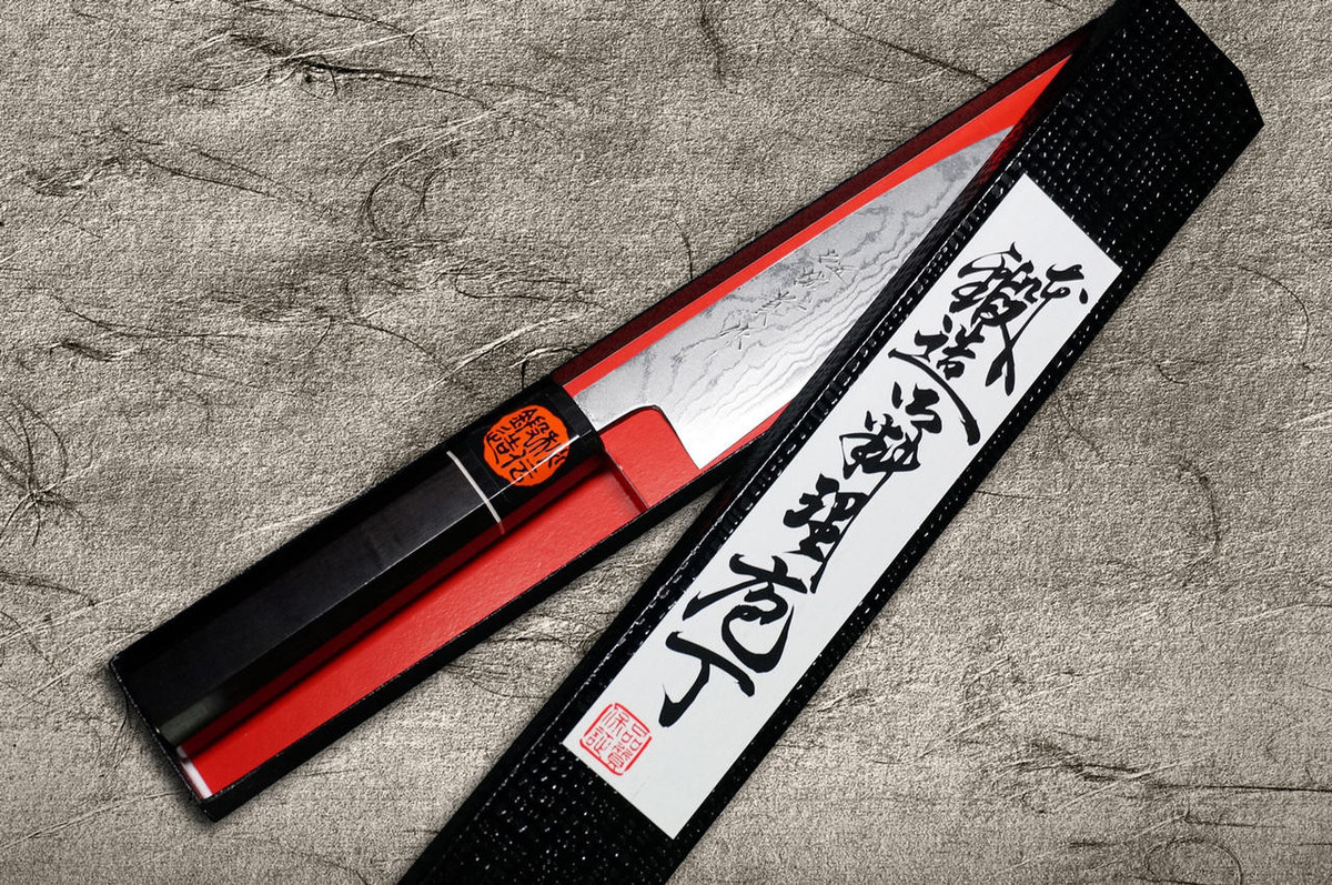 Shigeki Tanaka Aogami No.2 Damascus EB Japanese Chefs Petty KnifeUtility 150mm with Ebony Handle