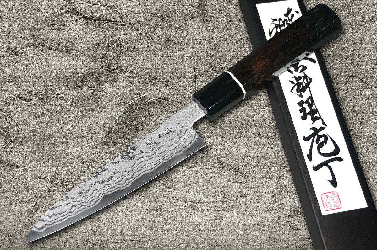 田中重幸 青纸2号大马士革EB日本厨师小刀（多用途）150mm 乌木柄