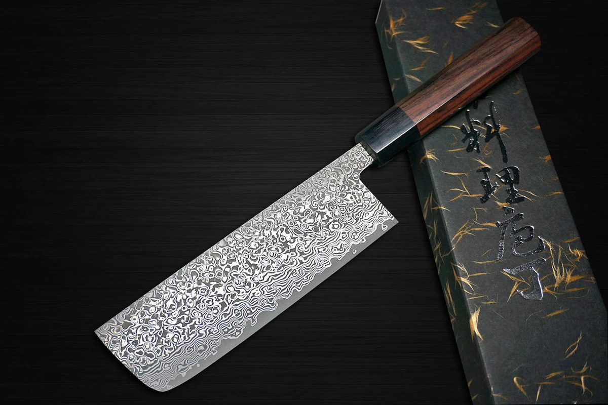 Yoshimi Kato 63 Layer VG10 Black Damascus RS8 Japanese Chefs NakiriVegetable 165mm with Black-Ring Octagonal Handle