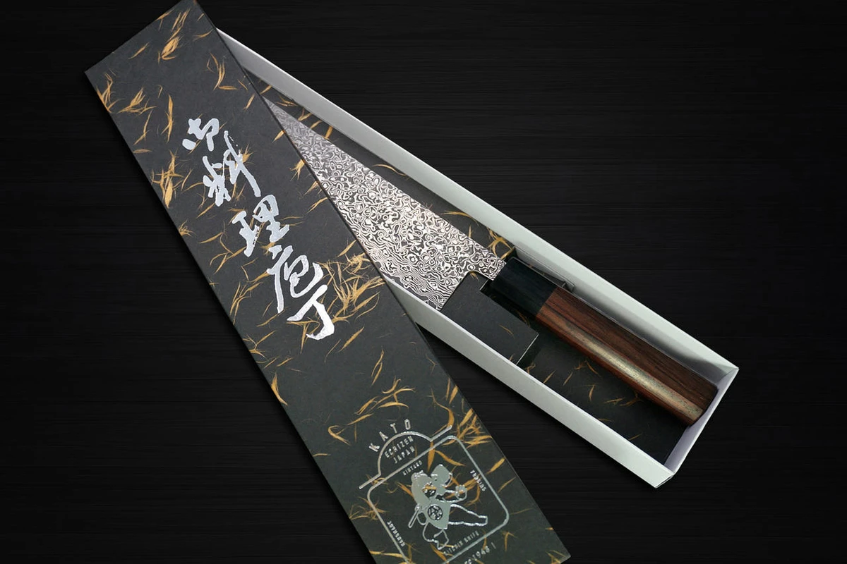 Yoshimi Kato 63 Layer VG10 Black Damascus RS8 Japanese Chefs NakiriVegetable 165mm with Black-Ring Octagonal Handle