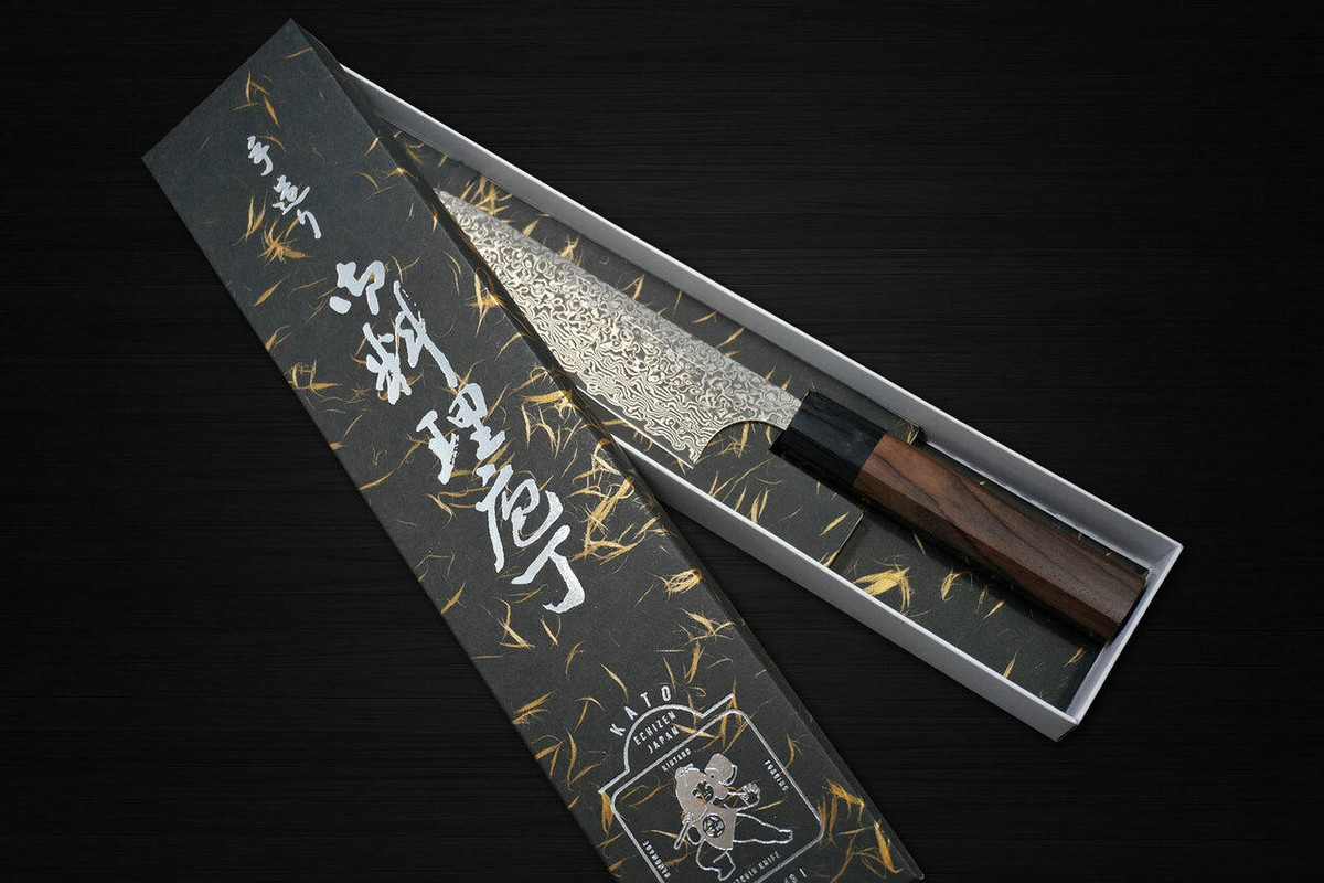 Yoshimi Kato 63 Layer VG10 Black Damascus RS8 Japanese Chefs Gyuto Knife 180mm with Black-Ring Octagonal Handle