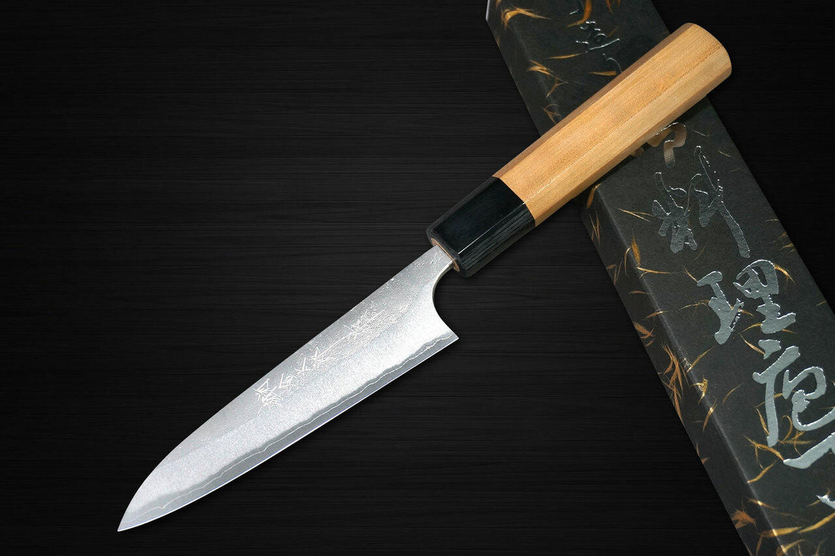 Yoshimi Kato Aogami Super Clad Nashiji AC Japanese Chefs Petty KnifeUtility 120mm with Black Cherry Octagonal Handle