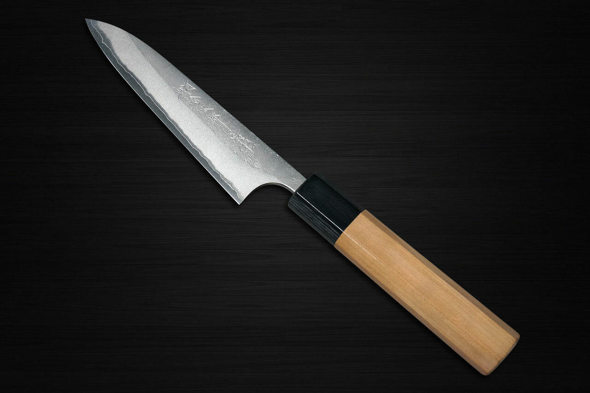 Yoshimi Kato Aogami Super Clad Nashiji AC Japanese Chefs Petty KnifeUtility 150mm with Black Cherry Octagonal Handle