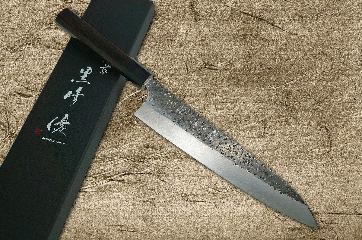 Yu Kurosaki Aogami Super Hammered Kurouchi WA RS8B Japanese Chefs Gyuto Knife 240mm with Black-Ring Octagonal Handle