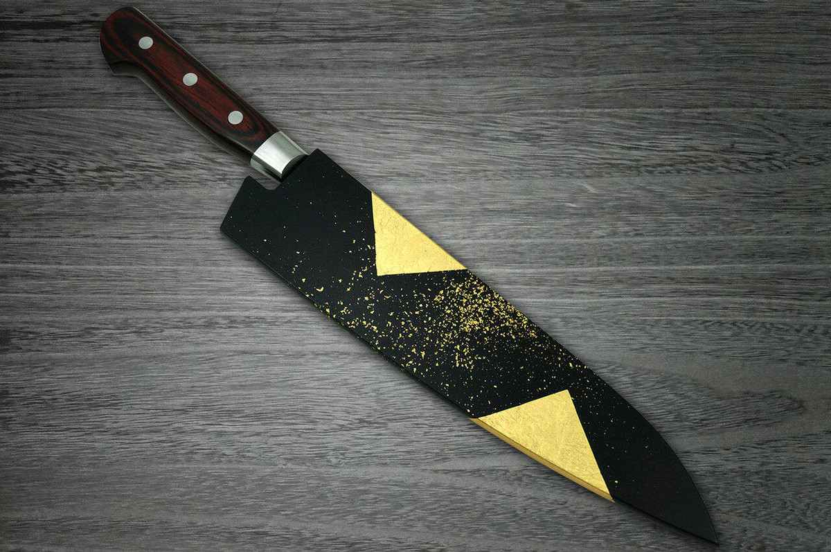 Sakai Takayuki 33-Layer VG10 Damascus Hammered Japanese Chefs Gyuto Knife and Saya SET 210mm with Genuine 24K Japanese Gold Leaf Saya Sheath